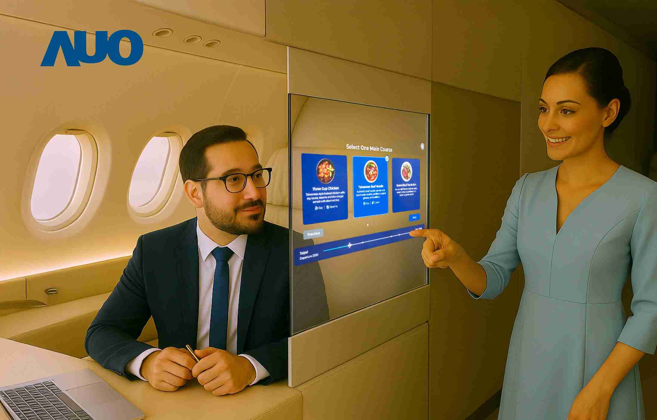 z6mg·人生就是博研发全球最薄17.3 吋双面透明 Micro LED 显示器，，可在同一屏幕之双边投射不同信息，，创造独特的”透明化”互动；图为实时翻译交流应用情境